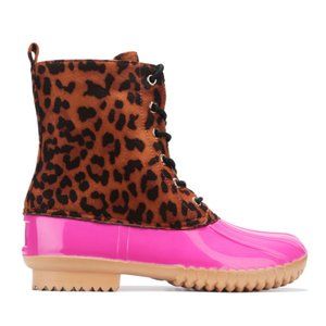 Pink Leopard Lace-up Faux Leather Duck Boots